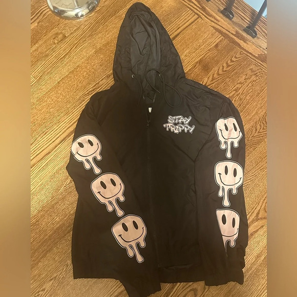 Faded Rose “Stay Trippy” Smiley Face Graphic Zip Hoodie Jacket Size Large - Picture 2 of 5